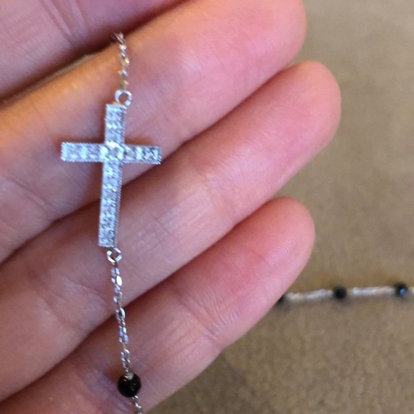 Sterling silver black onyx beads diamond cross - Picture 2 of 4